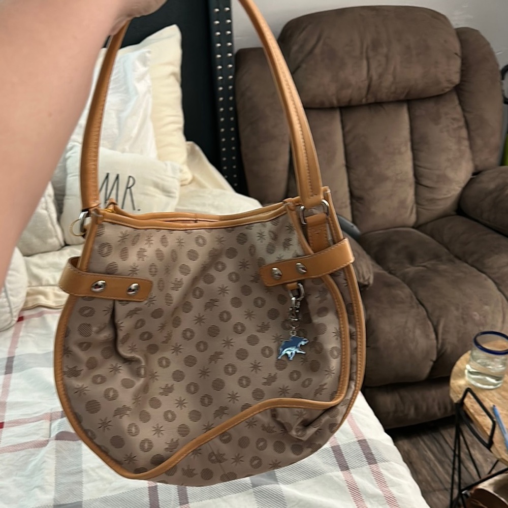 Tan and Brown Hobo Bag with Monogram Pattern
